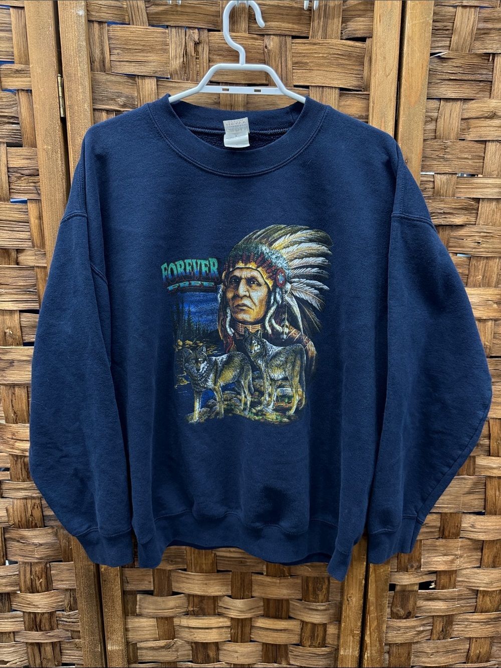 Men's Navy Forever Free Native Graphic Sweatshirt with Native Chief & Wolves